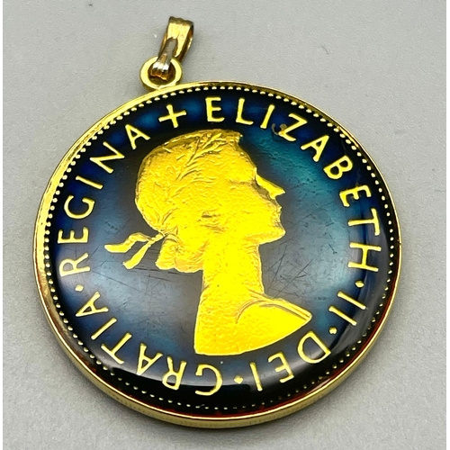 1070 - A Superb Condition Gilded and Enamelled 1956 Half Crown Coin Pendant.