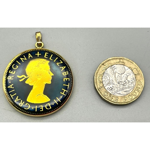 1070 - A Superb Condition Gilded and Enamelled 1956 Half Crown Coin Pendant.