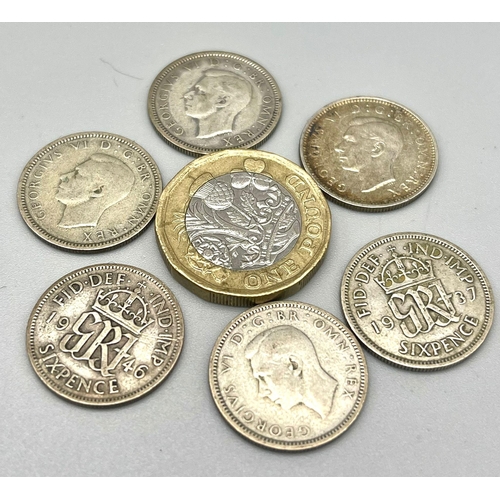 1077 - A Parcel of 6 Pre-1947 George VI Silver Six Penny’s Date range 1937-1946. One Extremely Fine with Ex... 