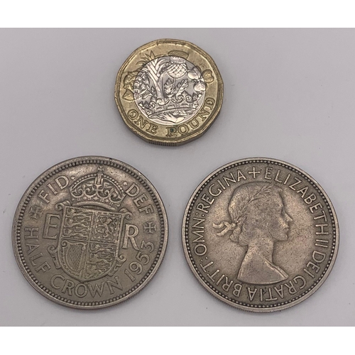 1083 - A Parcel of 2 Queen Elizabeth Coronation Year 1953 Half Crown Coins. 1 X Extremely Fine & 1 x Very F... 