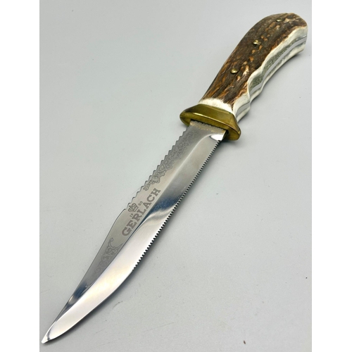 379 - An Excellent Condition Antler Handle Gerlach 1760 Design Bowie Sheath Knife with Leather Sheath. 28c... 