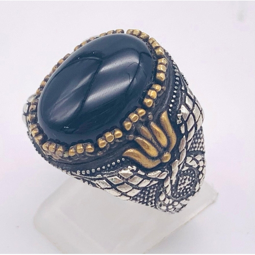 550 - A Rare, Vintage or Older, Sterling Silver Black Chalcedony Cabochon Set Ornate Ring Size U. Gold on ... 