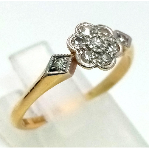 572 - 18K YELLOW GOLD & PLATINUM VINTAGE DIAMOND CLUSTER RING. 0.15CT DIAMOND. TOTAL WEIGHT 2.2G SIZE L