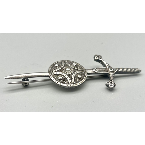 599 - A Vintage Edinburgh Hallmarked 1968 Silver Celtic Sword and Shield Brooch 7.5cm Length-weight 12 gra... 