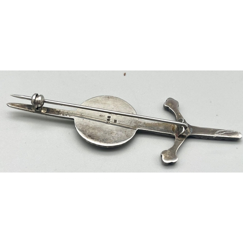 599 - A Vintage Edinburgh Hallmarked 1968 Silver Celtic Sword and Shield Brooch 7.5cm Length-weight 12 gra... 