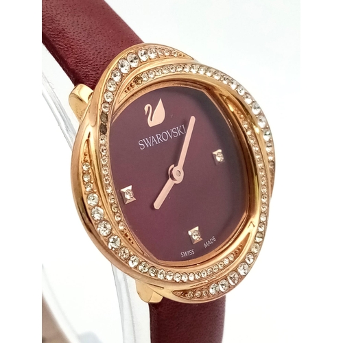 643 - SWAROVSKI CRYSTAL FLOWER, LEATHER STRAP WATCH REFERENCE 5552780. ORIGINAL STRAP FULL WORKING ORDER, ... 