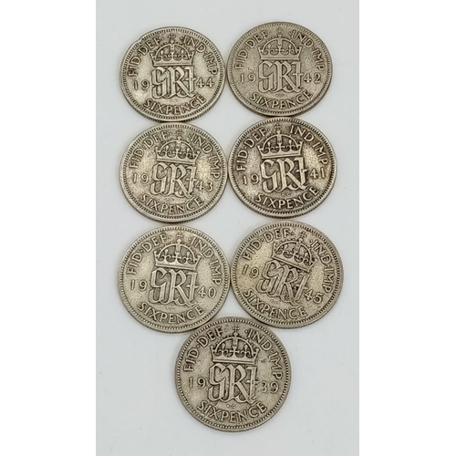 811 - A Consecutive Date Run of 7 x WW2 Silver Sixpences 1939-1945 Inclusive- Very Fine to Extremely Fine ... 