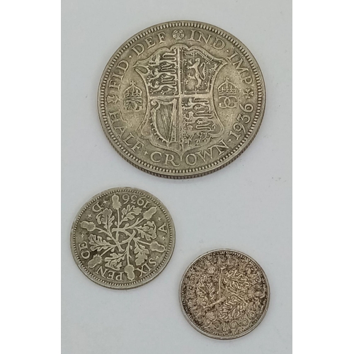 818 - A Parcel of Three 1936 Silver Coins (The Year of Three Kings) Comprising;
One Half Crown, One Silver... 