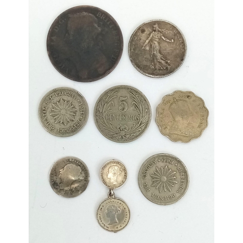 832 - A Parcel of 9 Rare Antique Coins Comprising; Silver 1870 Silver 2 & 1 Penny Coins Linked, 1919 Frenc... 