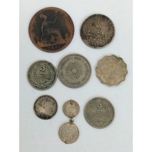 832 - A Parcel of 9 Rare Antique Coins Comprising; Silver 1870 Silver 2 & 1 Penny Coins Linked, 1919 Frenc... 