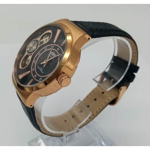 942 - Ex Display Mens Gold Tone Exhibition Back Automatic Watch by GT Precision. Part Skeleton Dial, Black... 