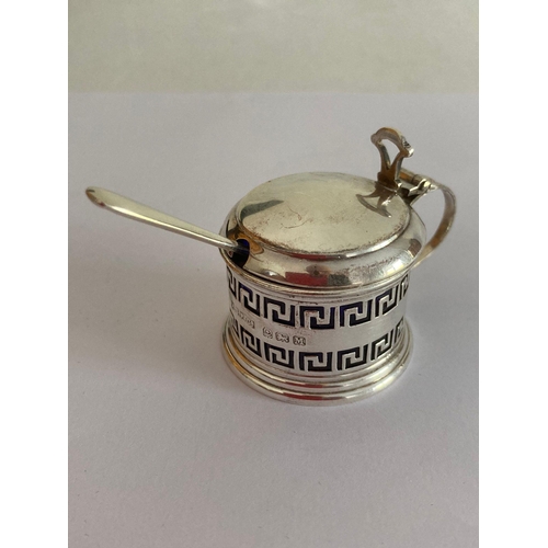 111 - Vintage SILVER MUSTARD POT and SPOON complete with blue glass liner in perfect condition. Rare 1936 ... 