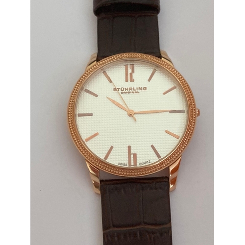 161 - Gentlemans quartz STUHRLING WRISTWATCH, Original large face model, finished in rose gold tone with w... 