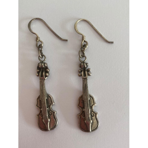 518 - Rare Vintage pair of solid SILVER VIOLIN EARRINGS.