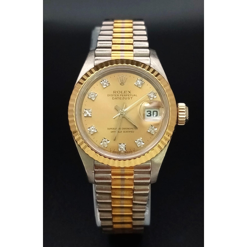 162 - A very attractive, ladies 18k full 3 tone gold 'TRIDO' ROLEX OYSTER PERPETUAL DATEJUST. white gold c... 