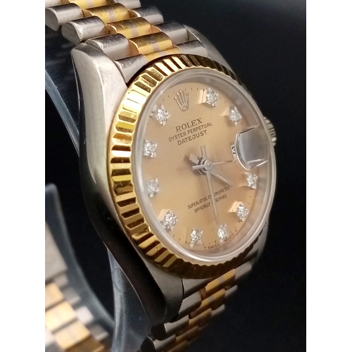 162 - A very attractive, ladies 18k full 3 tone gold 'TRIDO' ROLEX OYSTER PERPETUAL DATEJUST. white gold c... 