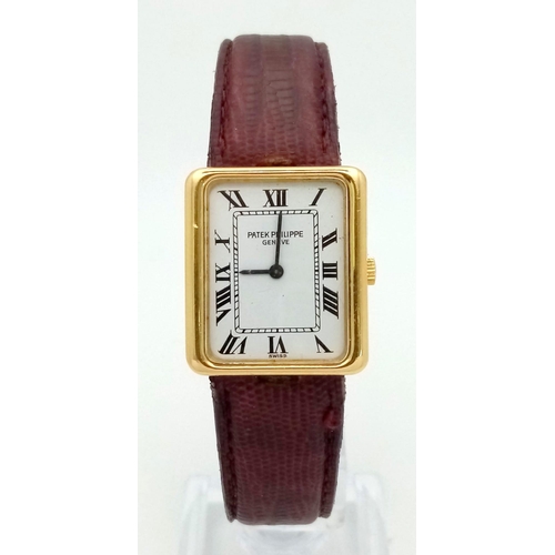 199 - An 18 K yellow gold PATERK PHILIPPE Geneve watch. Case: 25 x 22 mm, white dial with Roman numerals, ... 