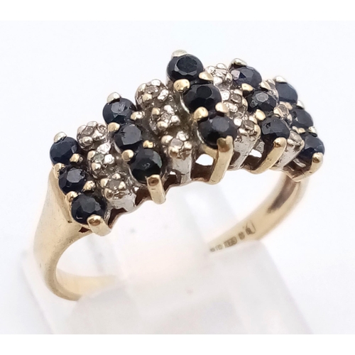 305 - 9K YELLOW GOLD DIAMOND & SAPPHIRE FANCY RING. TOTAL WEIGHT 2.2G SIZE N