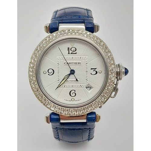 44 - A stainless steel PASHA DE CARTIER watch. Case 38 mm, Bezel with two rows of diamonds, beautifully d... 