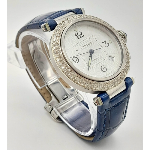 44 - A stainless steel PASHA DE CARTIER watch. Case 38 mm, Bezel with two rows of diamonds, beautifully d... 