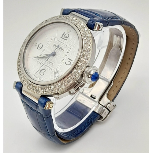 44 - A stainless steel PASHA DE CARTIER watch. Case 38 mm, Bezel with two rows of diamonds, beautifully d... 