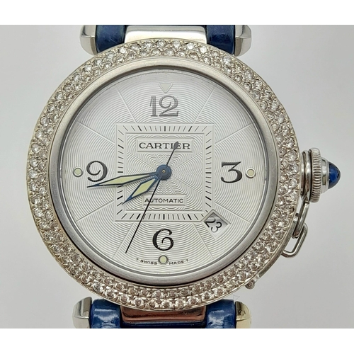 44 - A stainless steel PASHA DE CARTIER watch. Case 38 mm, Bezel with two rows of diamonds, beautifully d... 