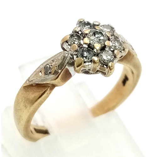 468 - 9K YELLOW GOLD DIAMOND CLUSTER RING. 0.20CT DIAMOND. TOTAL WEIGHT 2.9G.  SIZE J