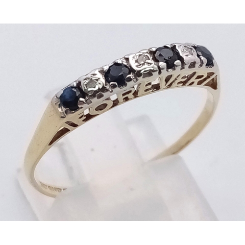 565 - 9K YELLOW GOLD DIAMOND & SAPPHIRE 7 STONE RING WITH I LOVE YOU FOREVER ON THE SIDE PATTERN. TOTAL WE... 