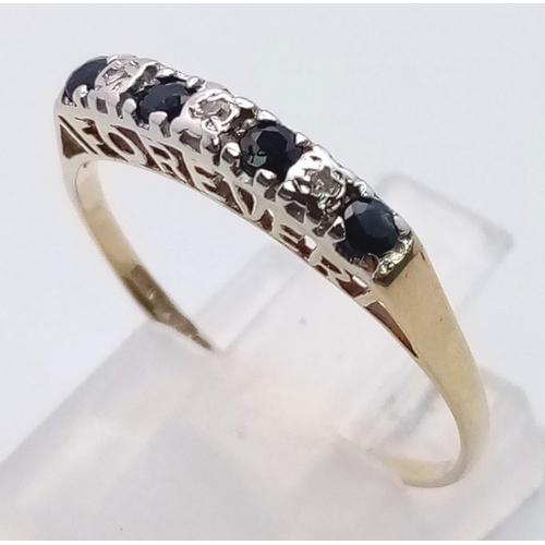 565 - 9K YELLOW GOLD DIAMOND & SAPPHIRE 7 STONE RING WITH I LOVE YOU FOREVER ON THE SIDE PATTERN. TOTAL WE... 