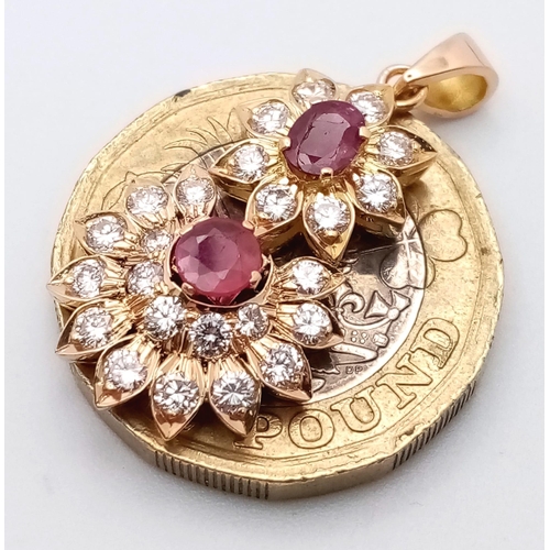 69 - 18K YELLOW GOLD DIAMOND & RUBY DROP PENDANT 1CT APPROX DIAMONDS 0.70CT APPROX RUBIES. TOTAL WEIGHT  ... 