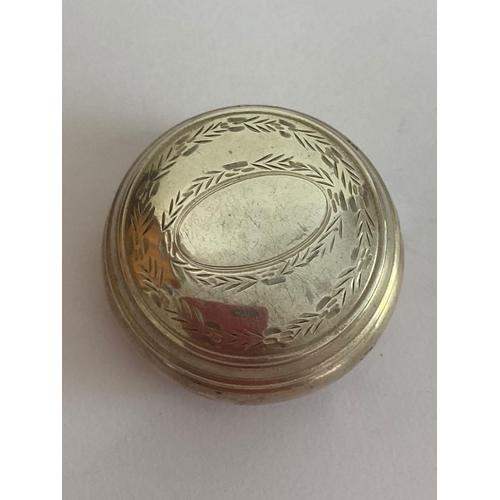 770 - Vintage SILVER PILL BOX in circular form, having laurel engraving to lid with blank cartouche. Full ... 