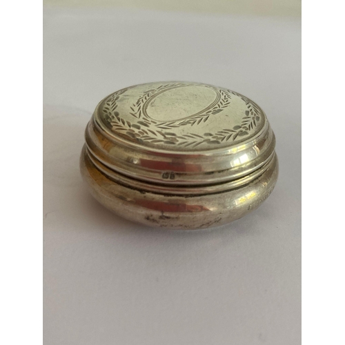 770 - Vintage SILVER PILL BOX in circular form, having laurel engraving to lid with blank cartouche. Full ... 