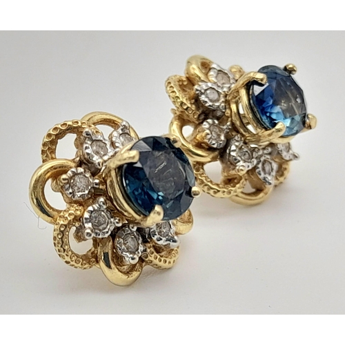 1009 - A Pair of 14K Gold Sapphire and Diamond Detachable Screw-Clasp Earrings. 4.2g total weight.