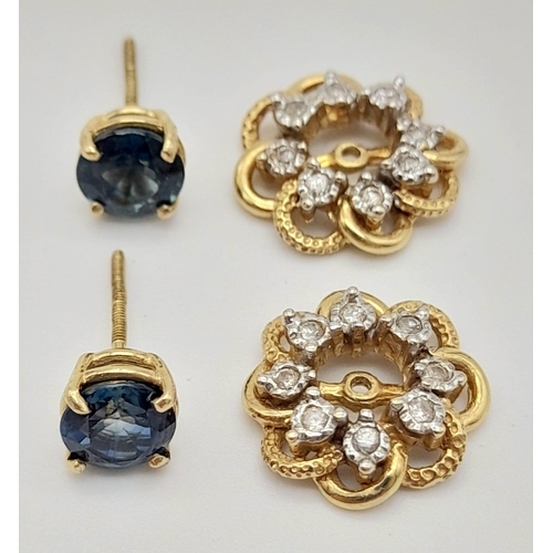 1009 - A Pair of 14K Gold Sapphire and Diamond Detachable Screw-Clasp Earrings. 4.2g total weight.