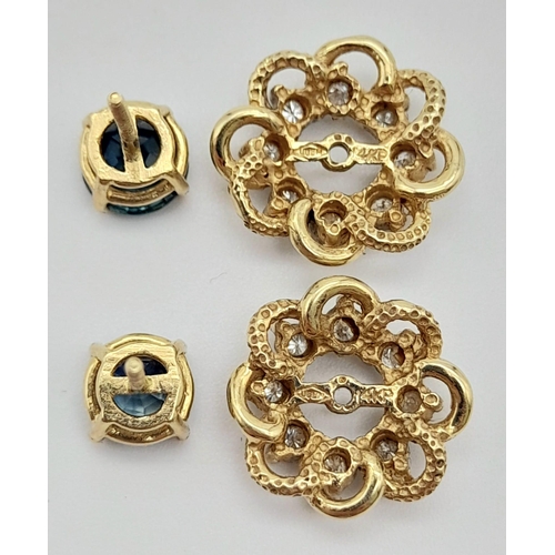 1009 - A Pair of 14K Gold Sapphire and Diamond Detachable Screw-Clasp Earrings. 4.2g total weight.