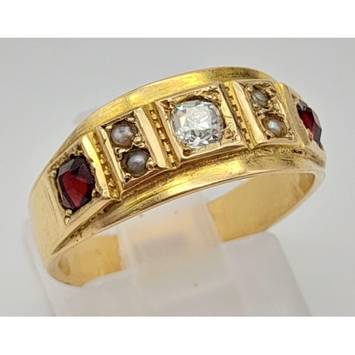 1048 - An Antique 15ct Gold Diamond, Pearl and Garnet Ring. Size M. 4g total weight.