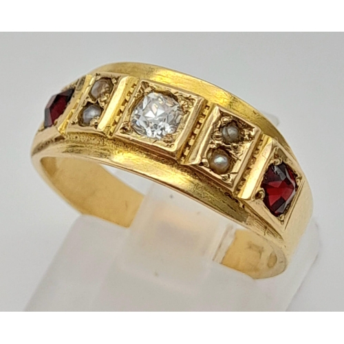 1048 - An Antique 15ct Gold Diamond, Pearl and Garnet Ring. Size M. 4g total weight.