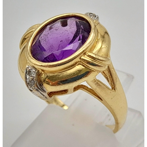 1055 - A Vintage 14K Yellow Gold Amethyst and Diamond Ring. A 3ct quality, clean amethyst with diamond comp... 