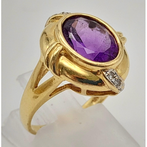 1055 - A Vintage 14K Yellow Gold Amethyst and Diamond Ring. A 3ct quality, clean amethyst with diamond comp... 