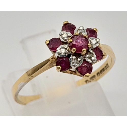 1132 - A Vintage 9K Yellow Gold Ruby and Diamond Ring. Size N. 1.52g.