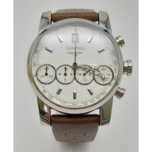 190 - A stainless steel EBERHARD & CO CHRONO watch. Case 40 mm, white dial with four sub-dials and window ... 