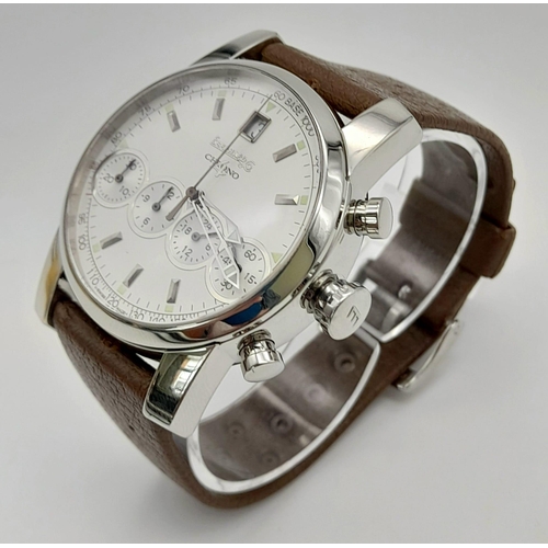 190 - A stainless steel EBERHARD & CO CHRONO watch. Case 40 mm, white dial with four sub-dials and window ... 