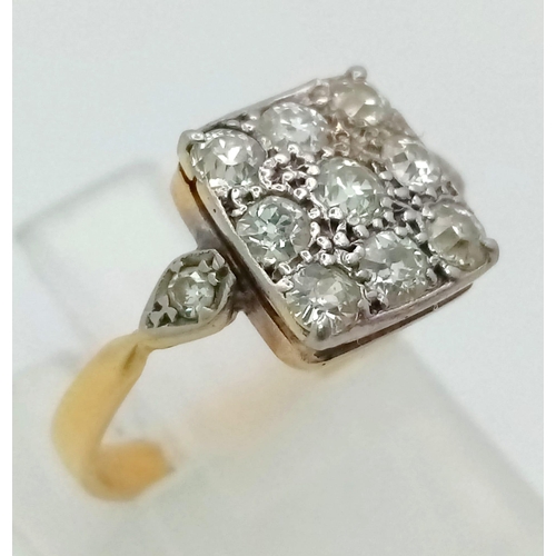 229 - An 18 K yellow gold ring with a cluster of nine old cut diamonds (0.50 carats). Ring size: J, weight... 