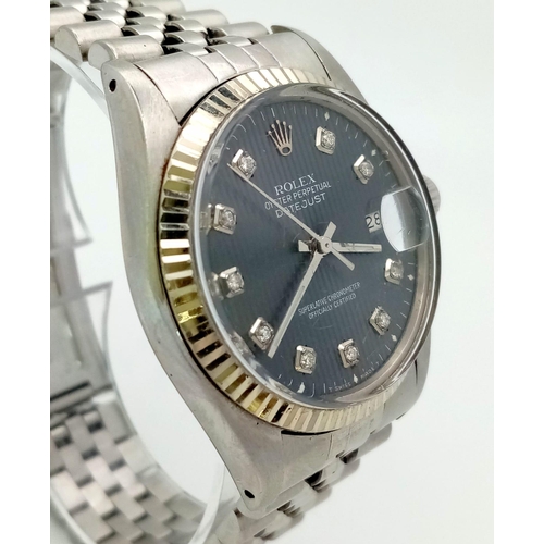 59 - A stainless steel ROLEX OYSTER PERPETUAL DATEJUST watch. Case 36 mm, calibrated bezel, unusual strip... 