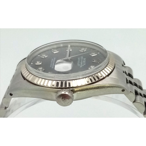 59 - A stainless steel ROLEX OYSTER PERPETUAL DATEJUST watch. Case 36 mm, calibrated bezel, unusual strip... 