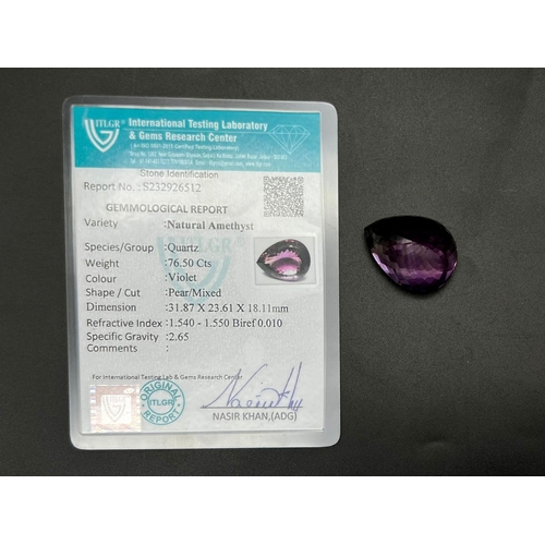 1377 - A 76.50ct Pear Shaped, Bolivian Amethyst Gemstone. Comes with an ITLGR certificate.