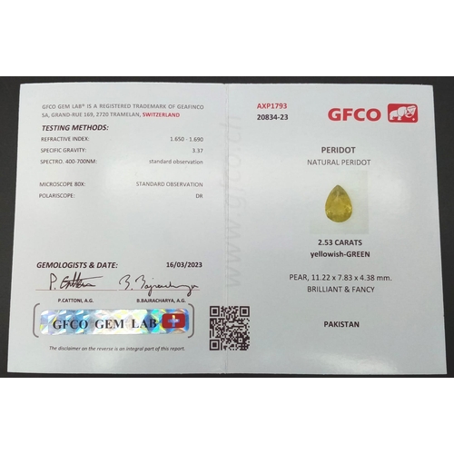 1235 - A 2.53ct Pakistani Peridot Gemstone. Pear shaped and comes with a GFCO Swiss Certificate.