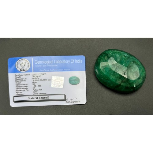 1363 - A 386.20ct Natural, Oval shaped, Earth Mined Emerald. Comes with GLI Certificate.