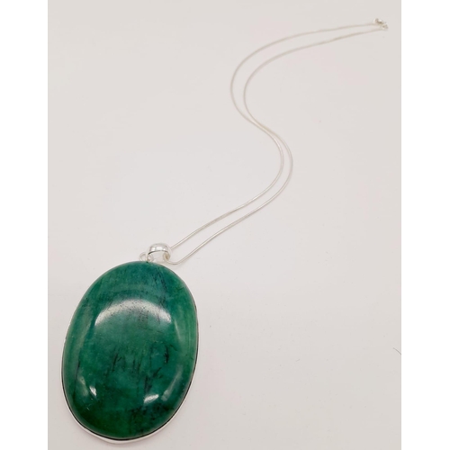 1370 - 925 Silver Necklace with Cabochon Emerald Pendant. Total Weight 40grams. 5cm x 4cm Pendant size.