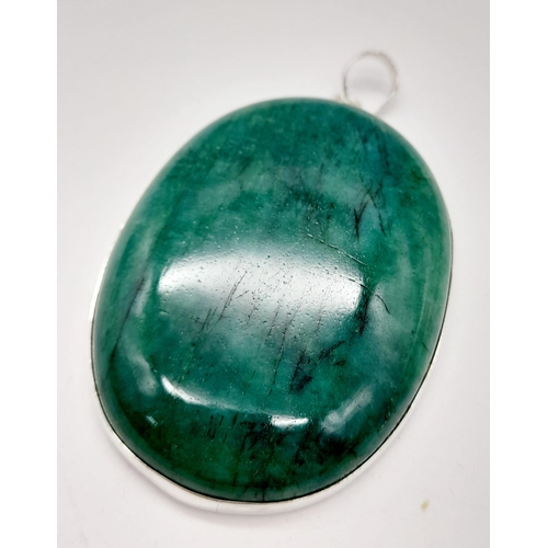 1370 - 925 Silver Necklace with Cabochon Emerald Pendant. Total Weight 40grams. 5cm x 4cm Pendant size.